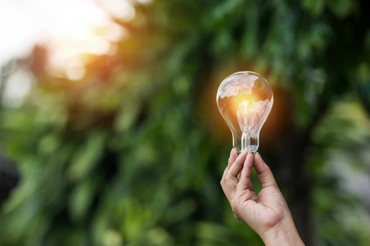 Eine Glühbirne, gehalten von einer Hand